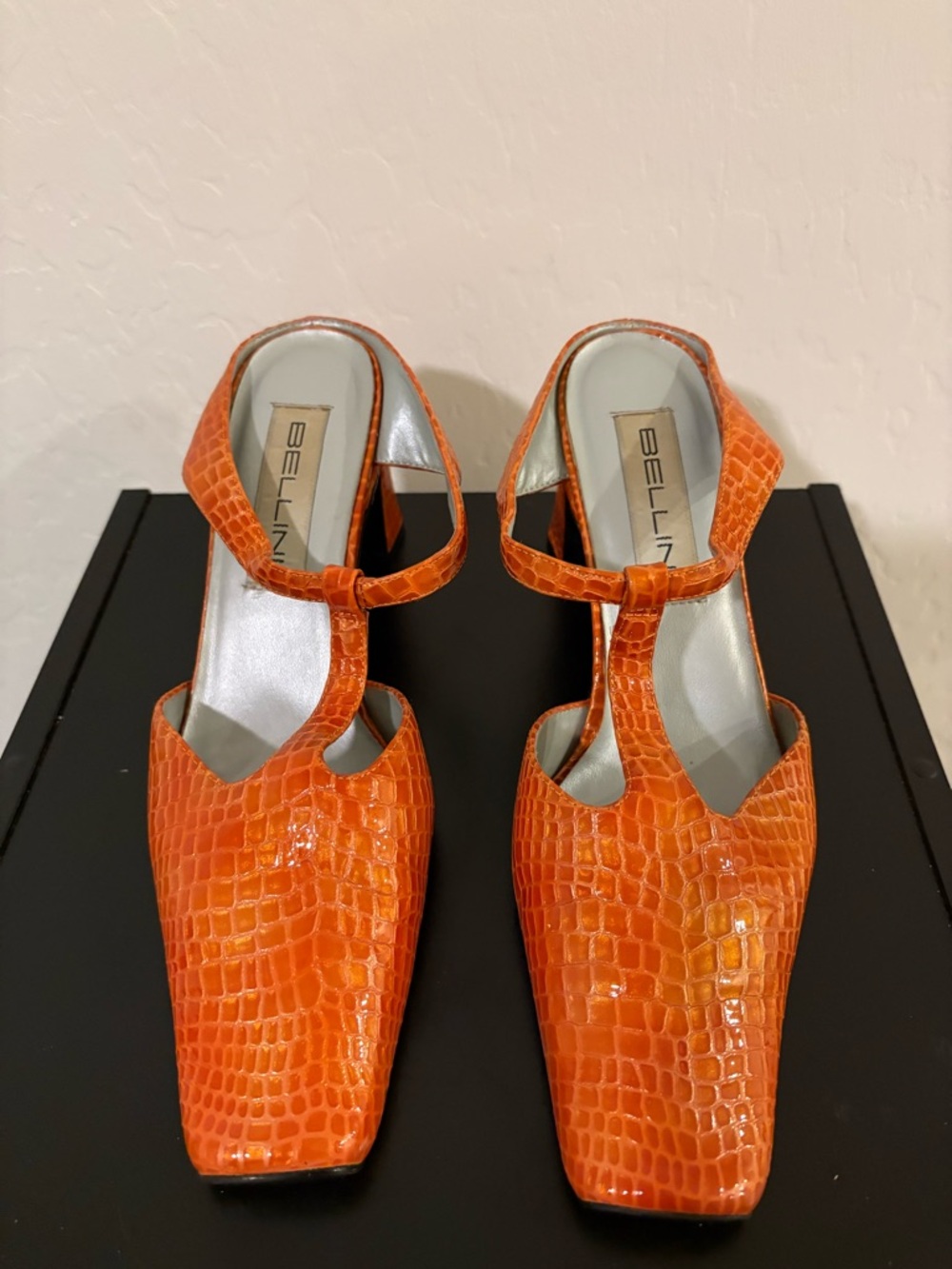 Bellini Orange Croc-Embossed T-Strap Heels